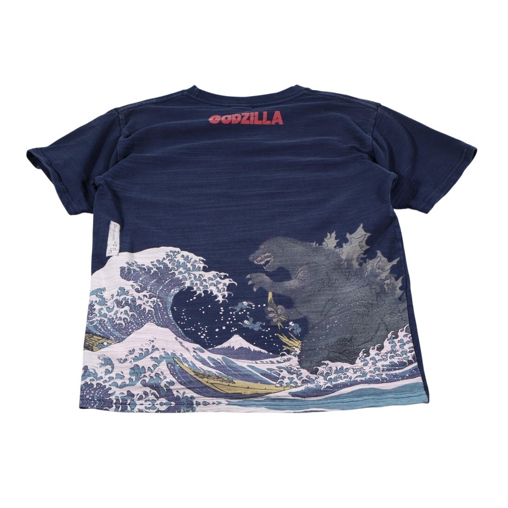 Godzilla Shirt Mens M Blue Great Wave off Kanagawa Japanese Art Graphic Tee
